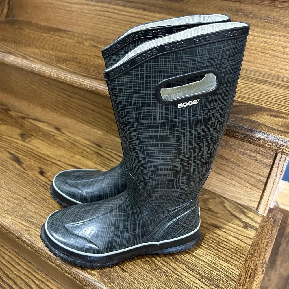BOGS Women's Linen Rain Boots 71434-001 Size 6 Black Gray Tall Waterproof